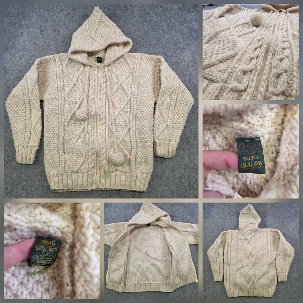 Tejidos Imalaya Sweater Womens OS White‎ Wool Hooded Cable Knit Full Zip